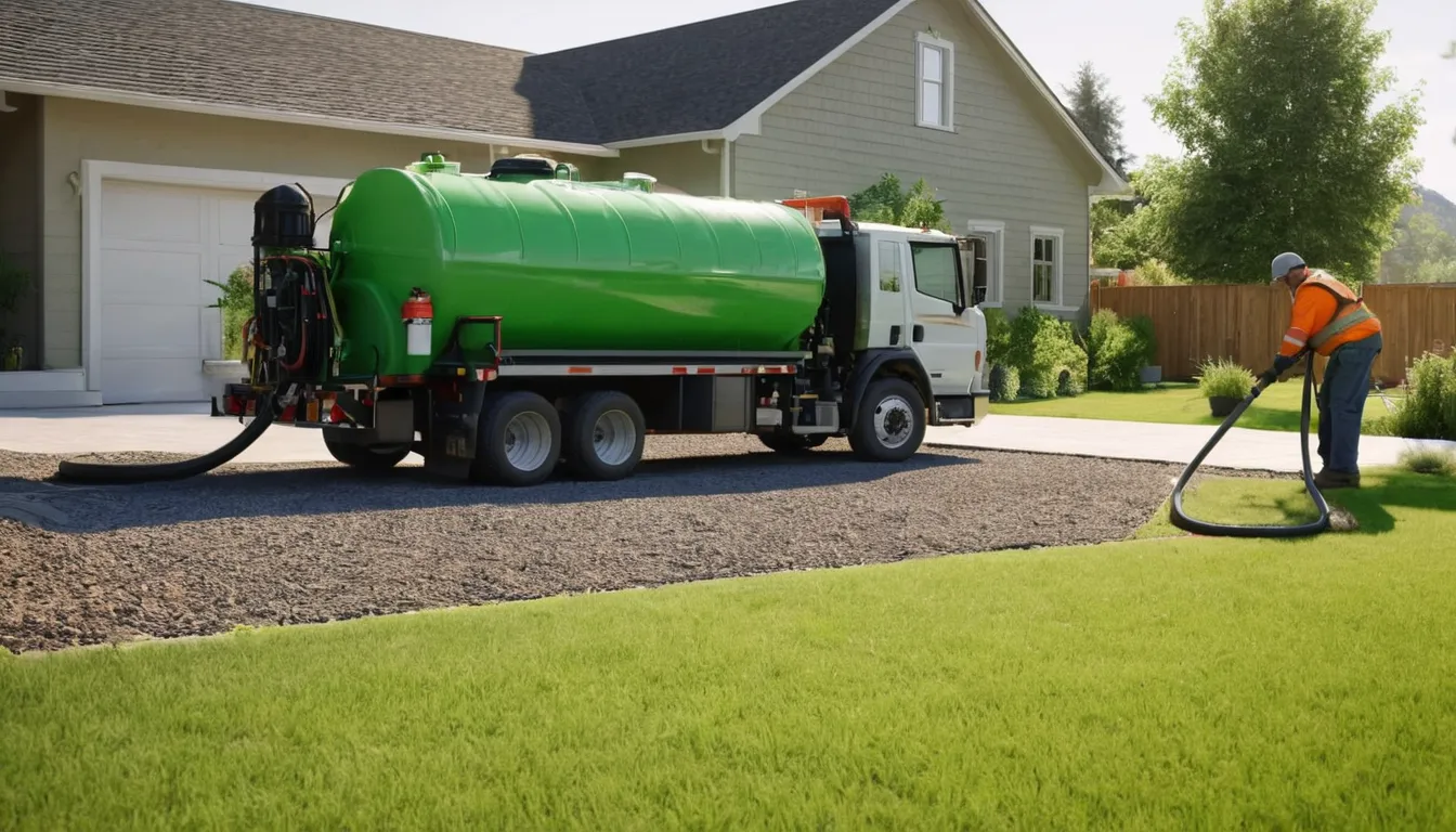 Septic pumping truck parked beside an open tank lid in a residential yard near Aurora